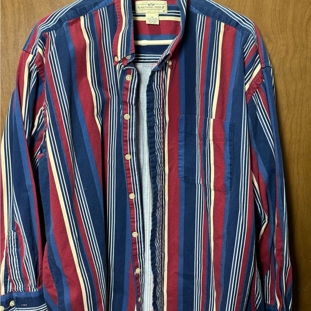 Natural Issue Red &‎ Blue Striped Button Down vintage Shirt size xl 100% cotton
